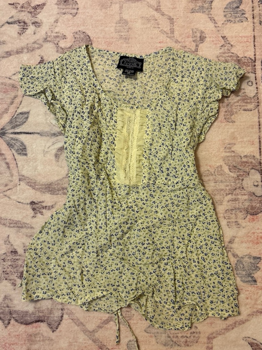 Angie Lemon Yellow Floral Lace-Front Tunic Top